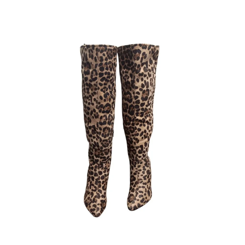 Comfort Est 1946 Leopard Print Knee High Boots Pointed Toe Block Heel Size 7M